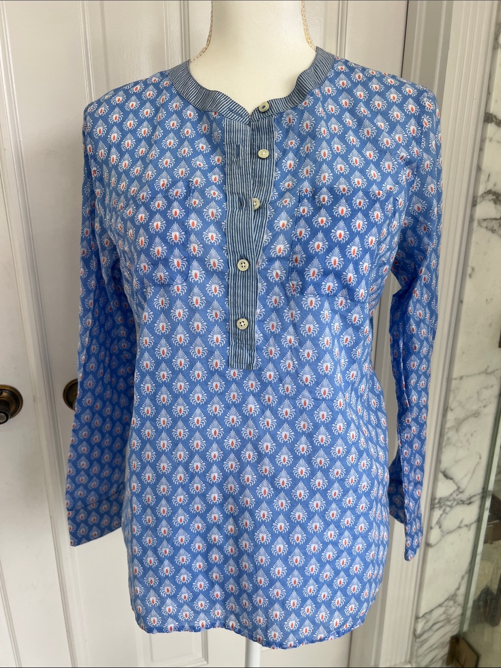 Talbots Blue Printed Long-Sleeve Popover Blouse petite medium